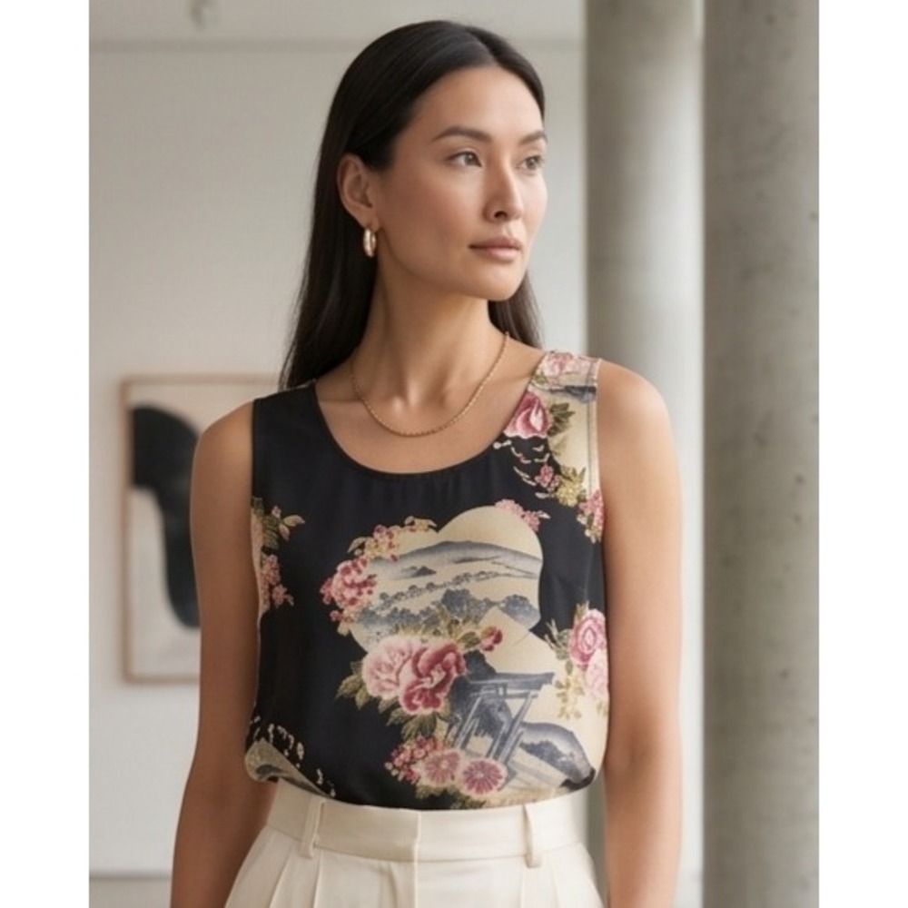 Citron Santa Monica PM Silk Tank Top Black Floral Asian Embossed Y2K Vintage